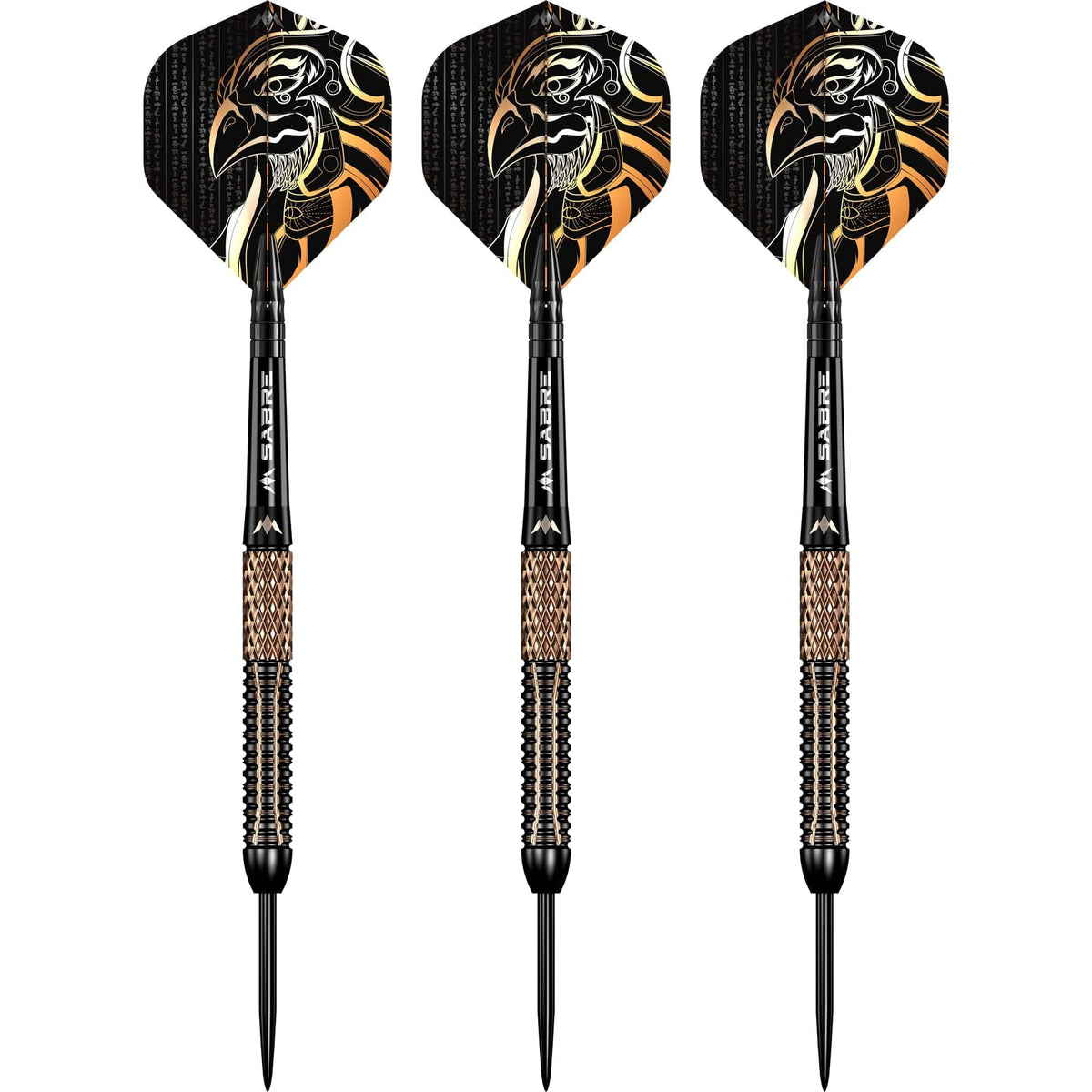 Les 3 fléchettes Mission Horus 21g montées avec leurs ailettes Horus