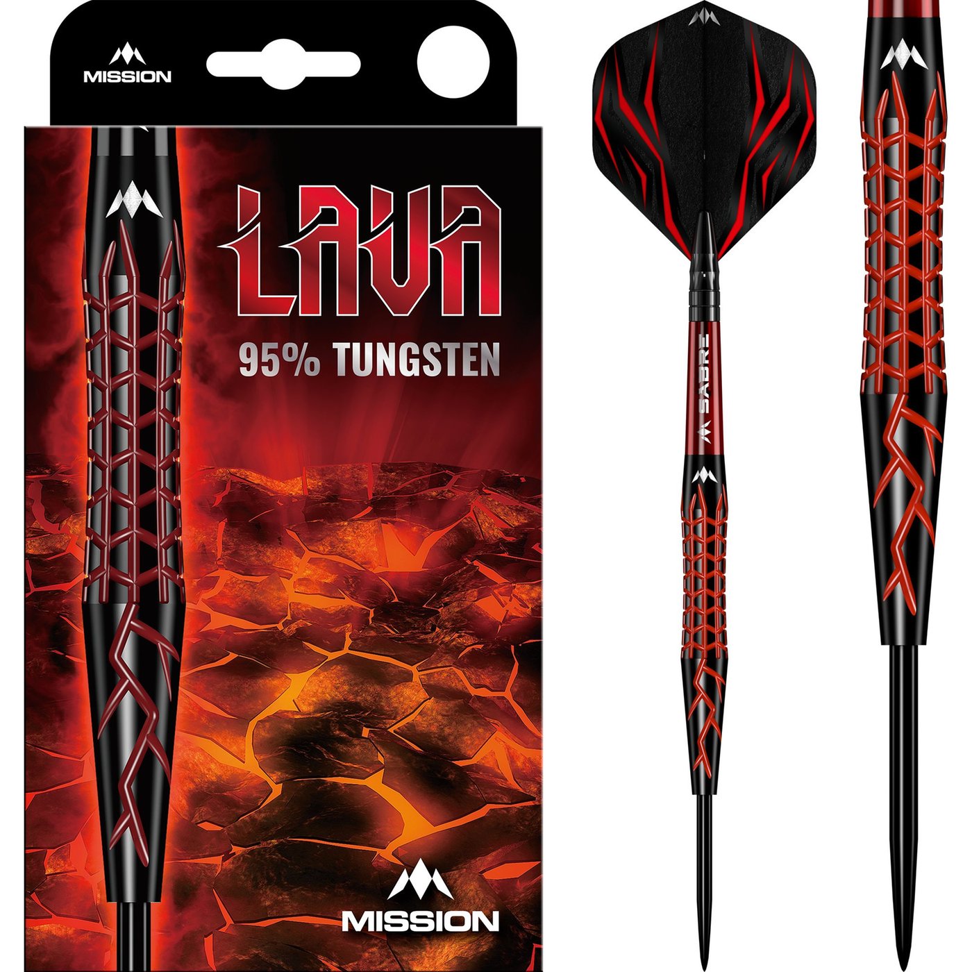 Fléchettes acier Mission Lava 95% tungstène - Rouge et Noir 22g
