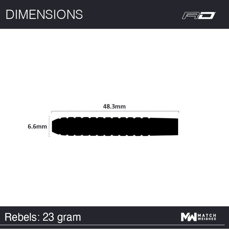 Fléchettes Red Dragon Rebel 23 g – dimensions du fût