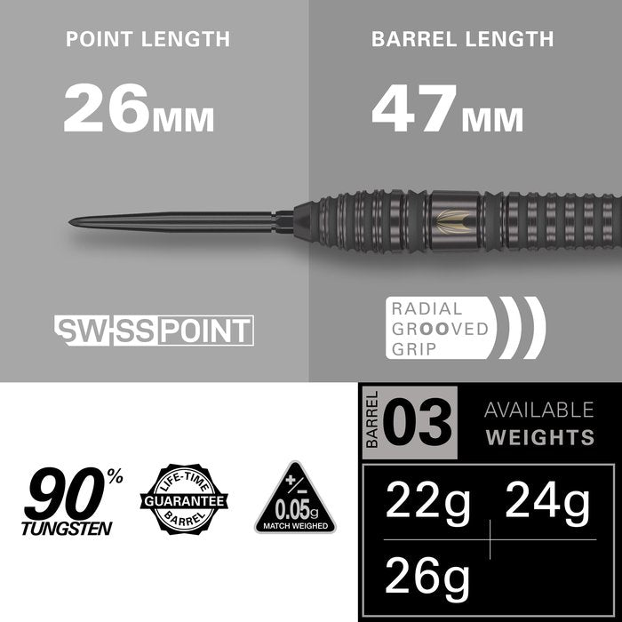 Fléchettes acier Target Bolide Void 03 Swiss Point 90% - Noir et jaune 22g