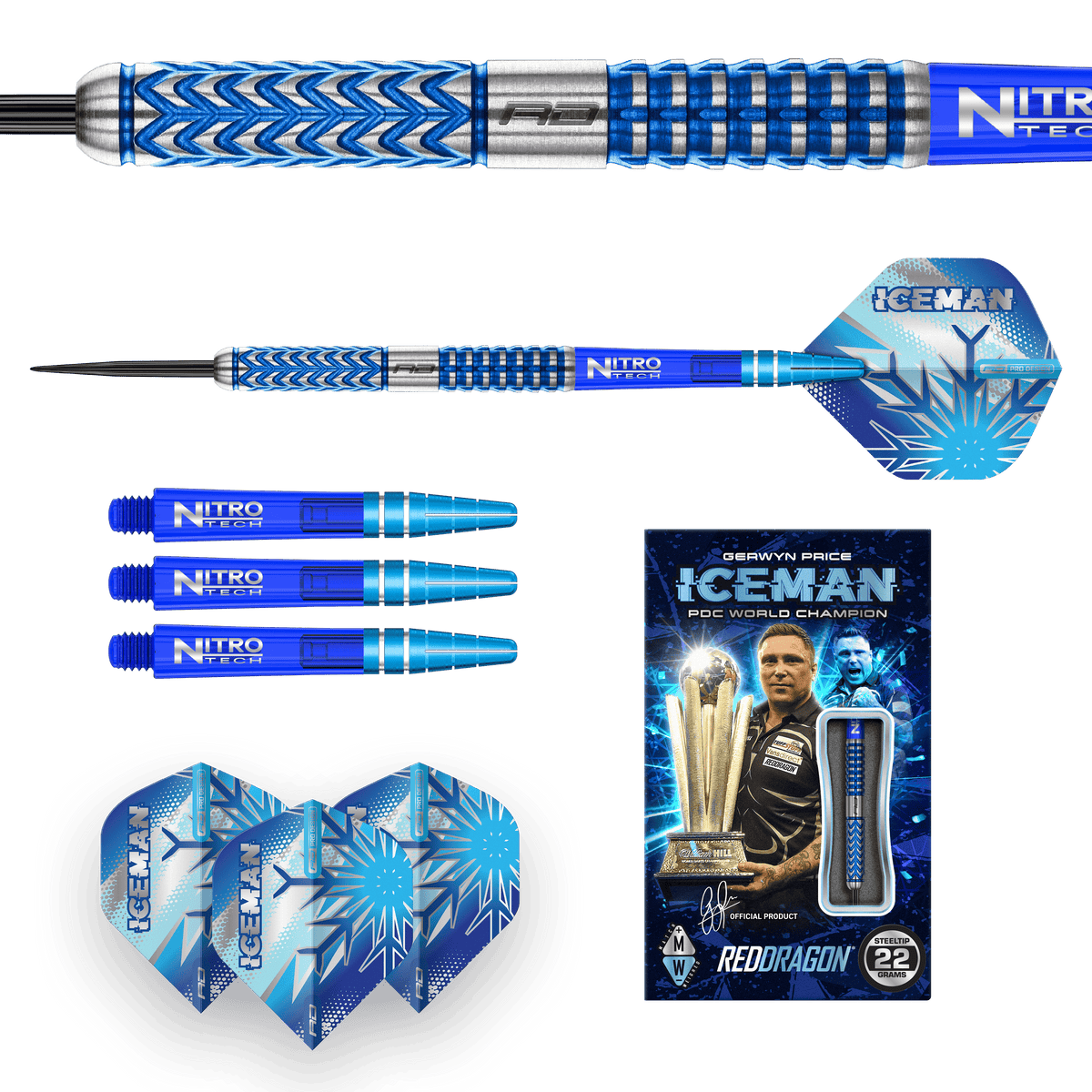 Contenu du set Gerwyn Price Iceman 22 g avec tiges et ailettes