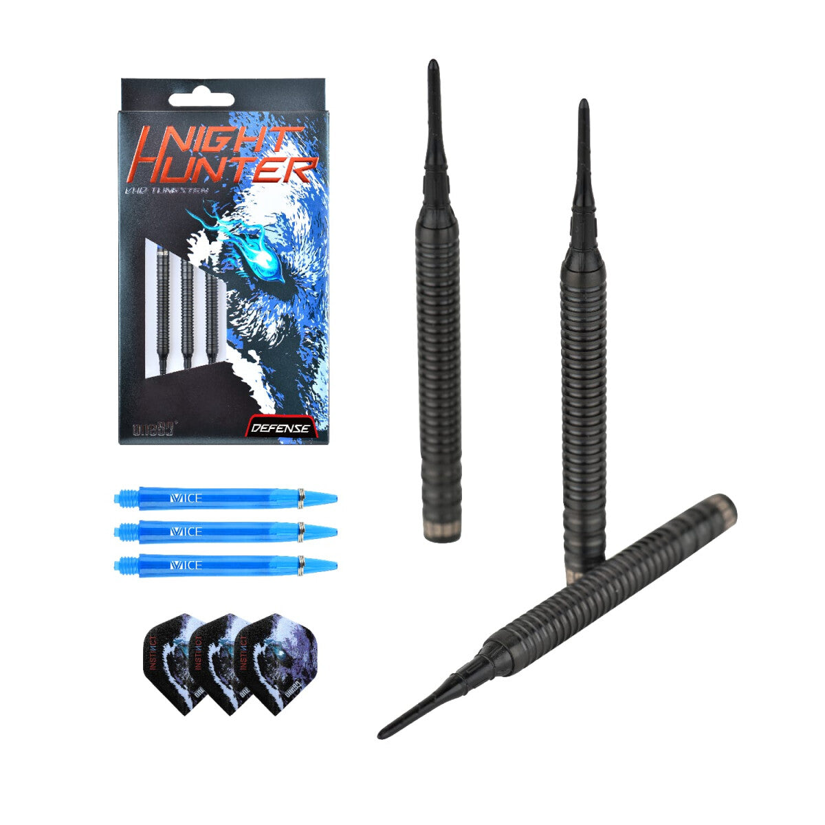 Contenu One80 Night Hunter Defense : 3 fléchettes noires, tiges et ailettes